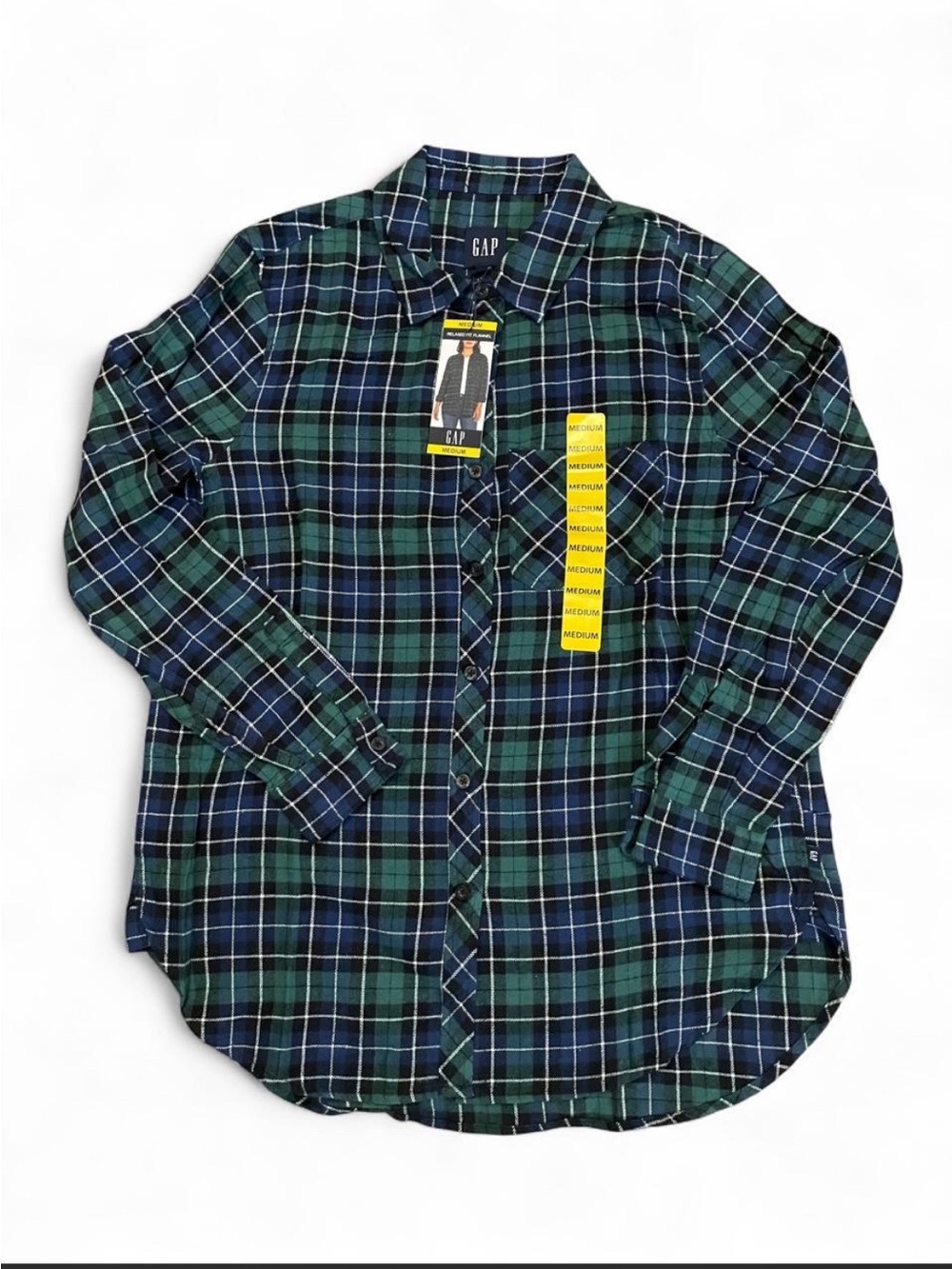 GAP Women's Green and Navy Plaid Button-Up Shirt